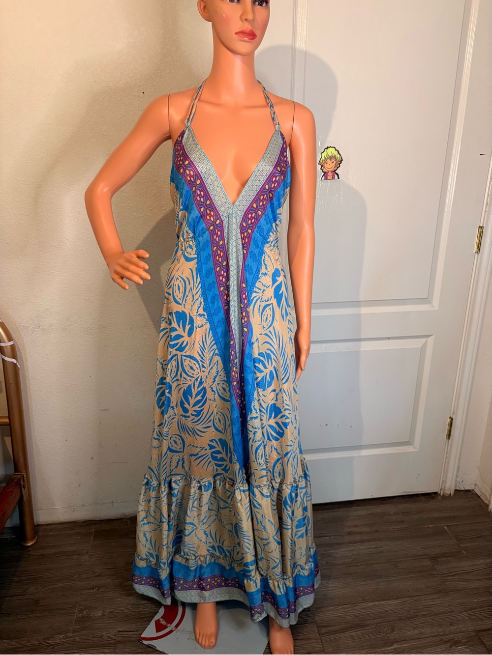 V-Neck Halter Maxi Dress in Blue and Cream